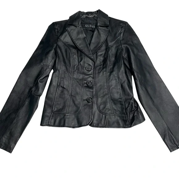 VTG  Guess Womens Sz M Black Leather 3 Button Front Blazer/Jacket Y2K Timeless - Picture 6 of 12